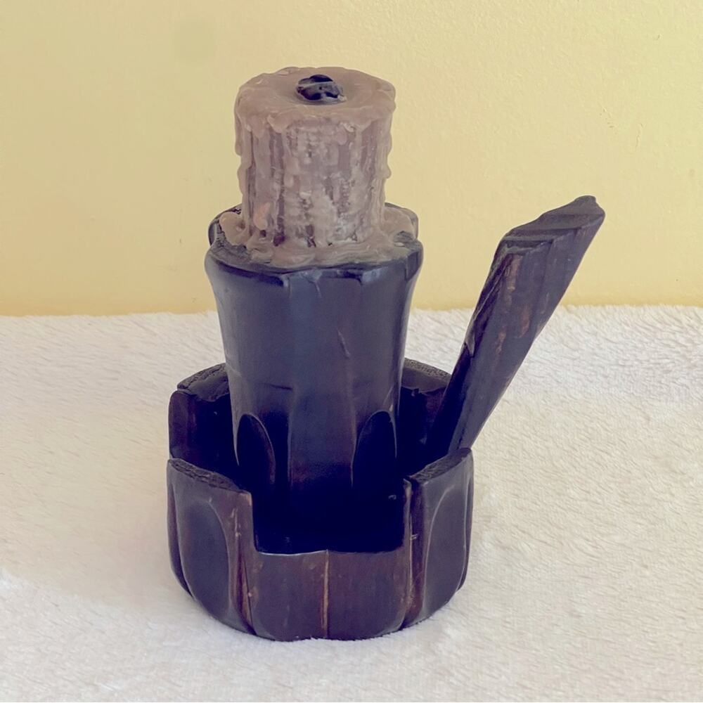 Vintage Hand Carved Wooden Candle Holder Handle Candlestick